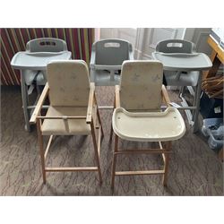 Set of three plastic and a pair of wooden baby high chairs with additional saddle stools (9)- LOT SUBJECT TO VAT ON THE HAMMER PRICE - To be collected by appointment from The Ambassador Hotel, 36-38 Esplanade, Scarborough YO11 2AY. ALL GOODS MUST BE REMOVED BY WEDNESDAY 15TH JUNE.
