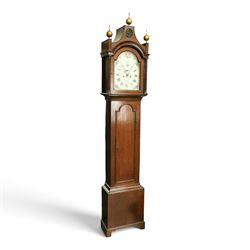 John Hall of Beverley - George III oak eight-day longcase clock, the painted arched dial with subsidiary seconds and date aperture, floral decoration, the case with pagoda top, pierced fretwork panel, brass ball finials, fluted pilasters and arched trunk door