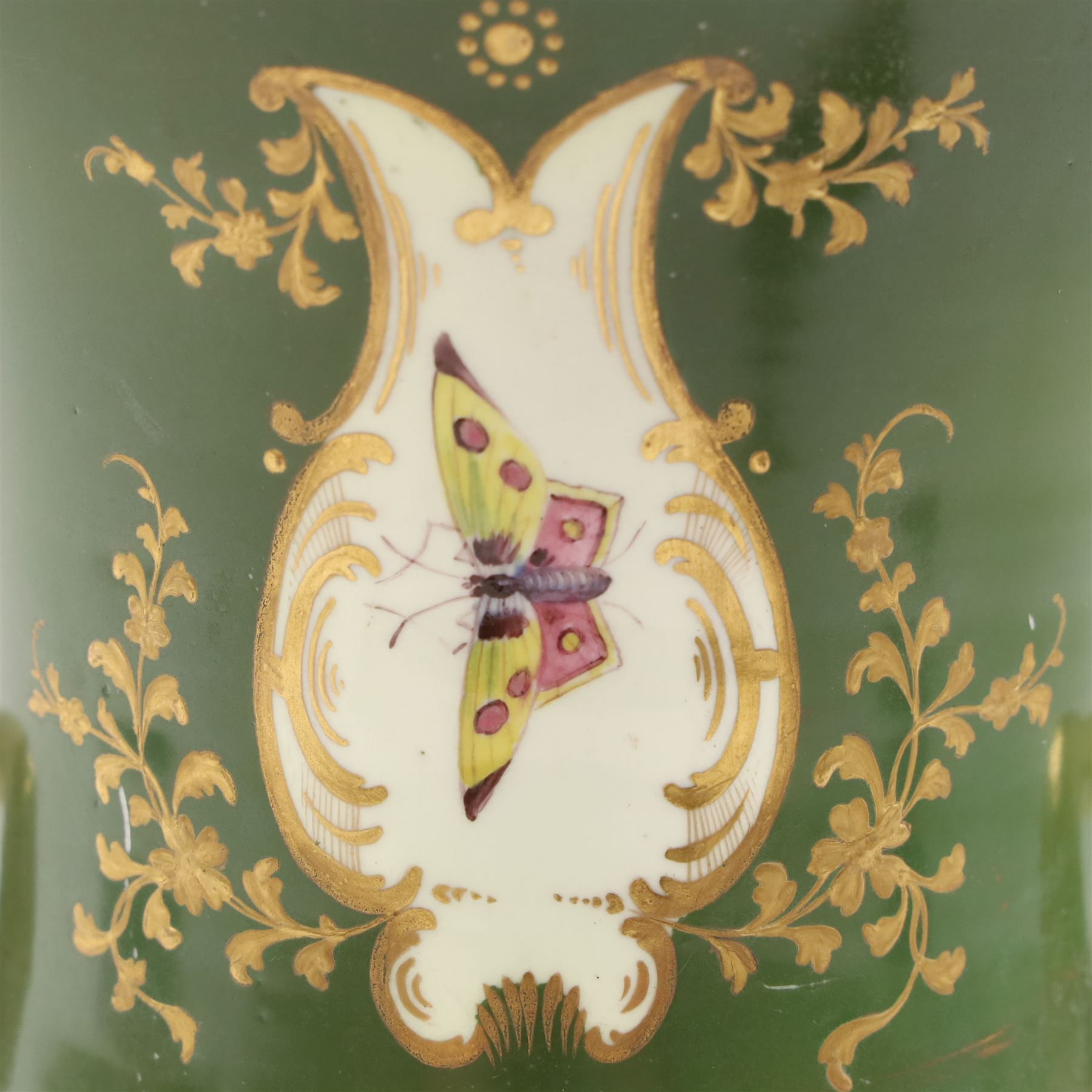 19th Century twin handled campana vase, probably Coalport, hand painted with a river scene upon a green ground with gilt detail, H27cm