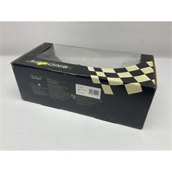 Three Minichamps 1:18 scale die-cast racing cars - Jordan Mugen Honda 198 D. Hill; Jordan Ford EJ13 G. Fisichella; and Stewart Ford SF 1 R. Barrichello; all boxed (3)