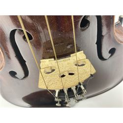 German trade violin in the Steiner style c1900 with 35.5cm two-piece maple back and ribs and spruce top L59cm overall; in fitted carrying case with two bows; and a Saxony violin with 35.5cm one-piece maple back and ribs and spruce top L58.5cm overall (2)