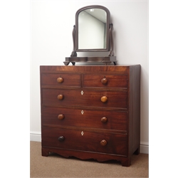 19th century inlaid mahogany chest, two short and three long drawers, shaped plinth base (97cm, H99cm, D46cm) and a dressing table mirror  