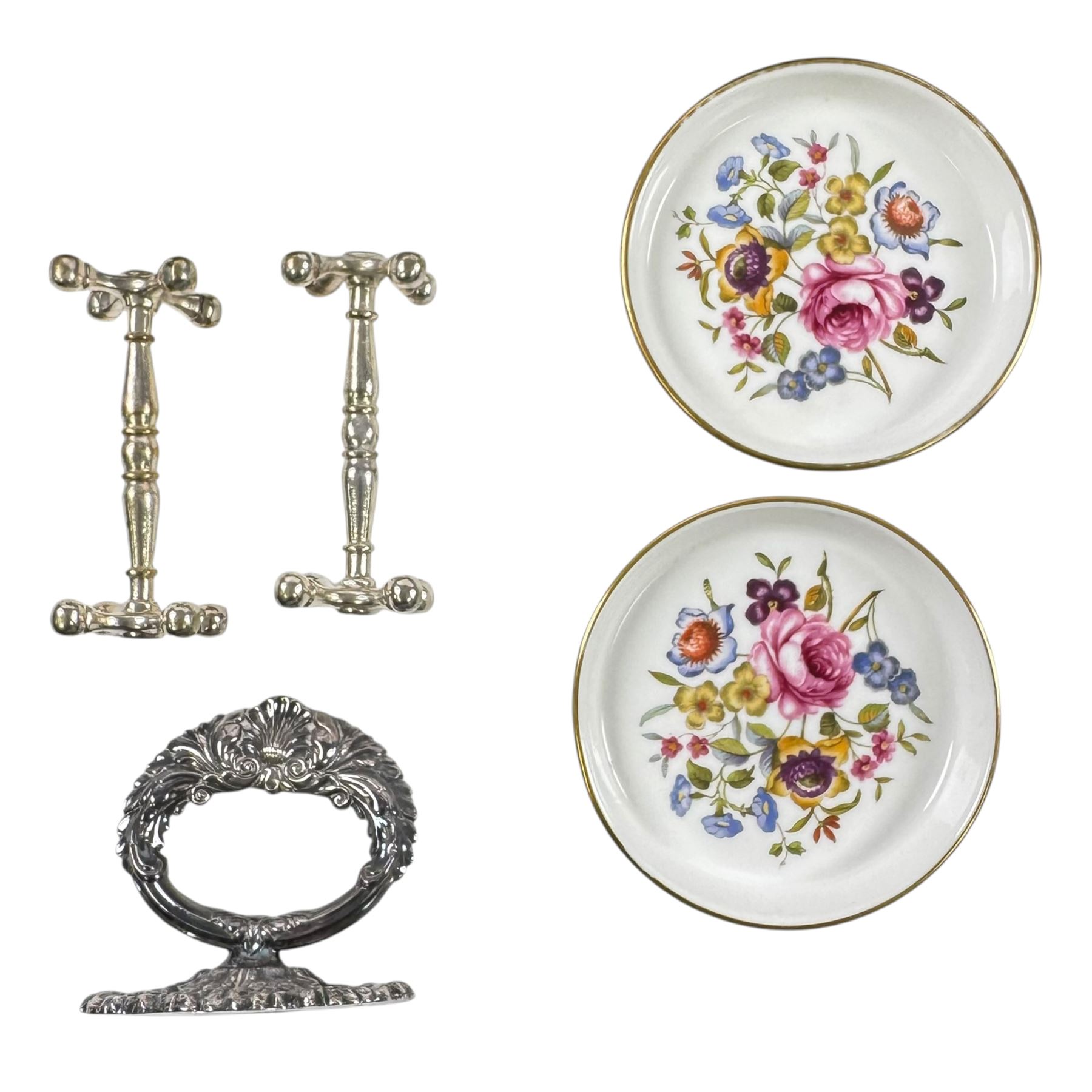 Silver plated items, including thee pairs of bottle coasters, sugar caster, Elkington jug, chamberstick etc and a Japanese Imari scalloped charger