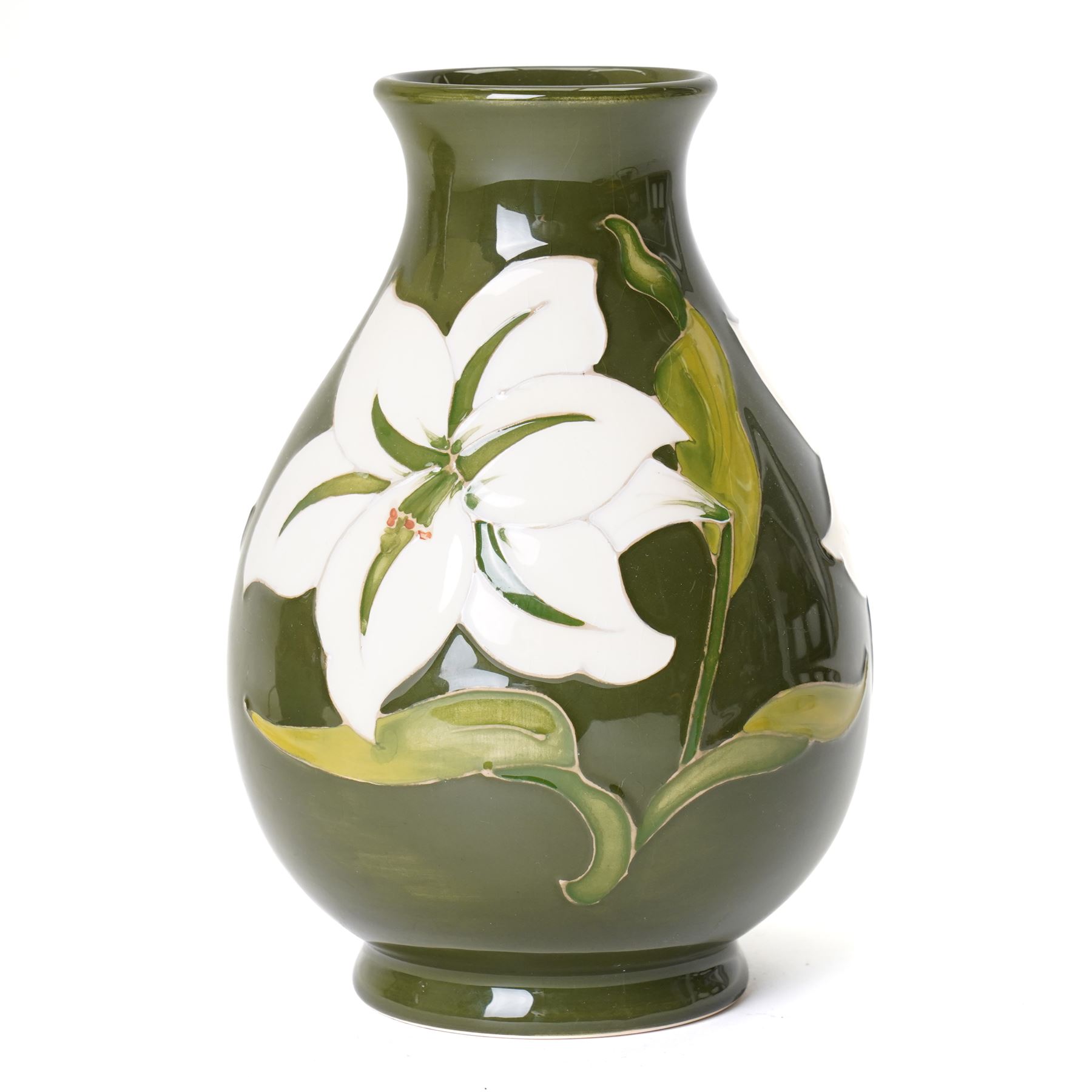 Moorcroft Fuchsia pattern table lamp, impressed marks to base, excluding fittings H32cm; together with a Bermuda Lily pattern vase, impressed marks and signed to base, H19cm (2)