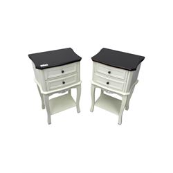 Pair of French design white painted bedside lamp tables, with painted wooden tops, above two drawers with carved apron and undertier, shaped legs  