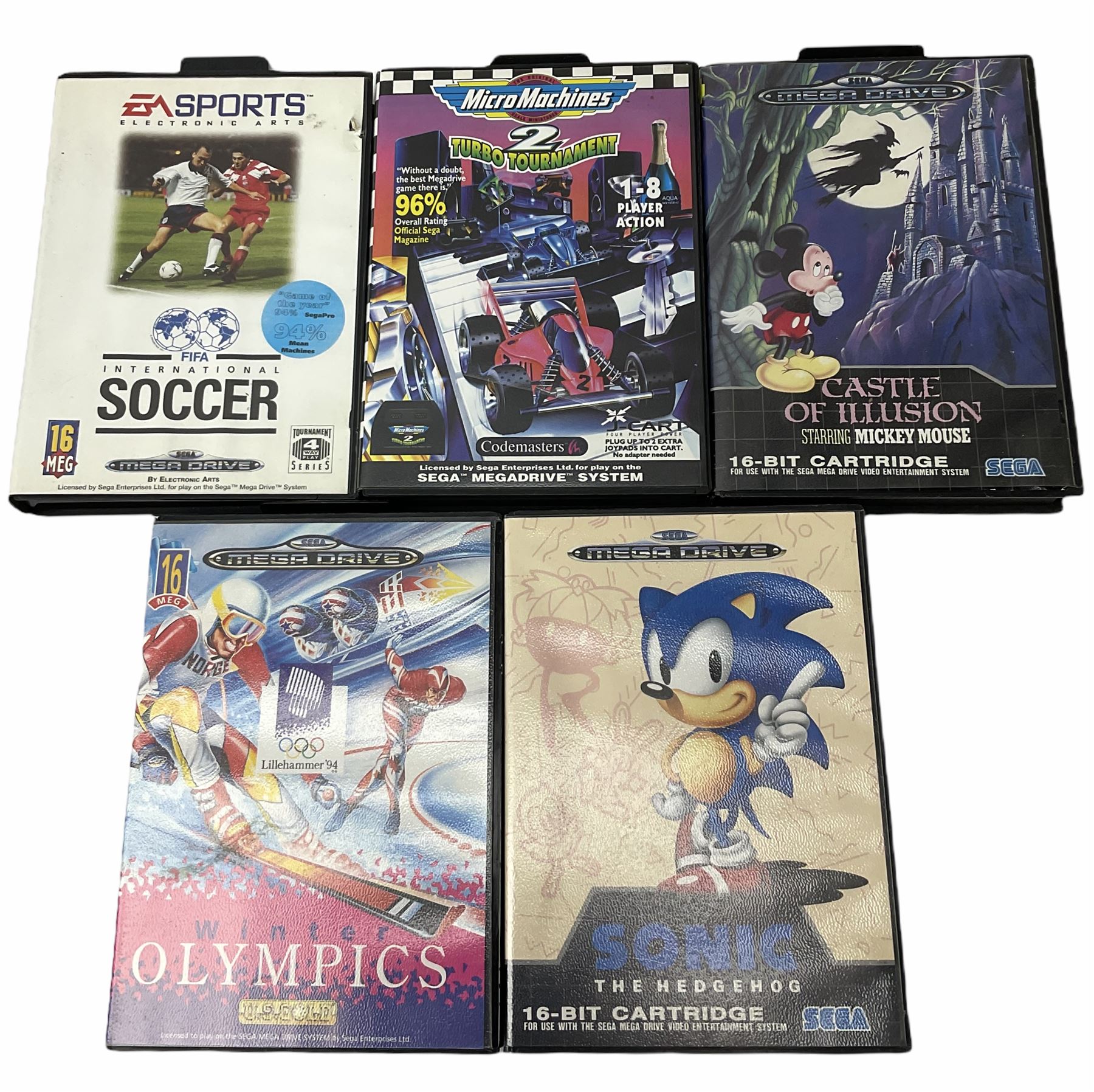 1990s Sega Megadrive 16bit games console with five games comprising Sonic the Hedgehog, Fifa International Soccer, Mickey Mouse Castle of Illusion, MicroMachines 2 Turbo Tournament and 1994 Lillehammer Winter Olympics, boxed with instructions