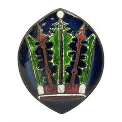 Henry George Murphy (1884-1939), Arts & Crafts enamel panel, of bulbous elliptical form decorated with a stylised crown in green, red and white, upon a dark blue toned ground, H12cm W9cm
