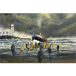 Robert Sheader (British 20th century): Return of the Scarborough Lifeboat, oil on board signed 40cm x 60cm (unframed)