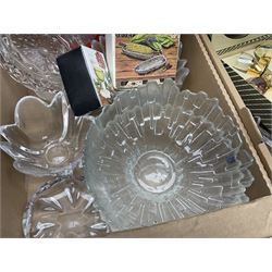 Dartington Crystal glass flower bowl, together with four similar smaller examples, two Orrefors glass bowls, collection of glass decanters, including Dartington and painted example, etc