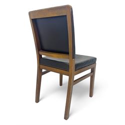 Pair of mid-20th century hardwood chairs associated with the Company of Cutlers in Hallamshire, Sheffield, each featuring a squared frame and black vinyl upholstery, the back emblazoned with the guild’s gilt coat of arms and motto “Pour Y Parvenir a Bonne Foi” (To Succeed through Honest Endeavour)