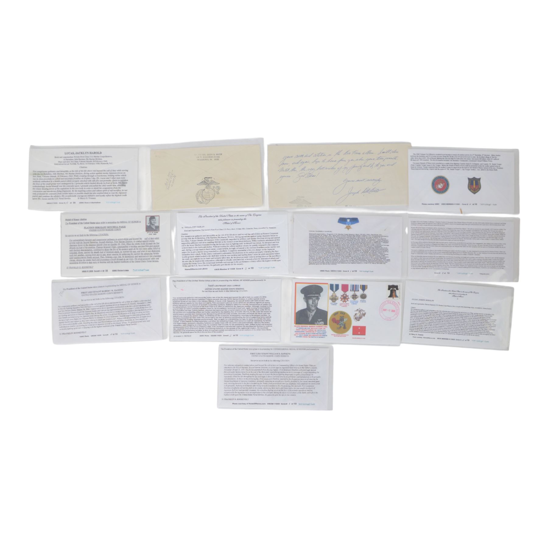 Two original autographs of US Medal of Honor winners, Jack Harold Lucas USMC Iwo Jima and Leo K.Thorsness USAF, Vietnam POW together with ten US FDC medal winners and USAF POW card.
