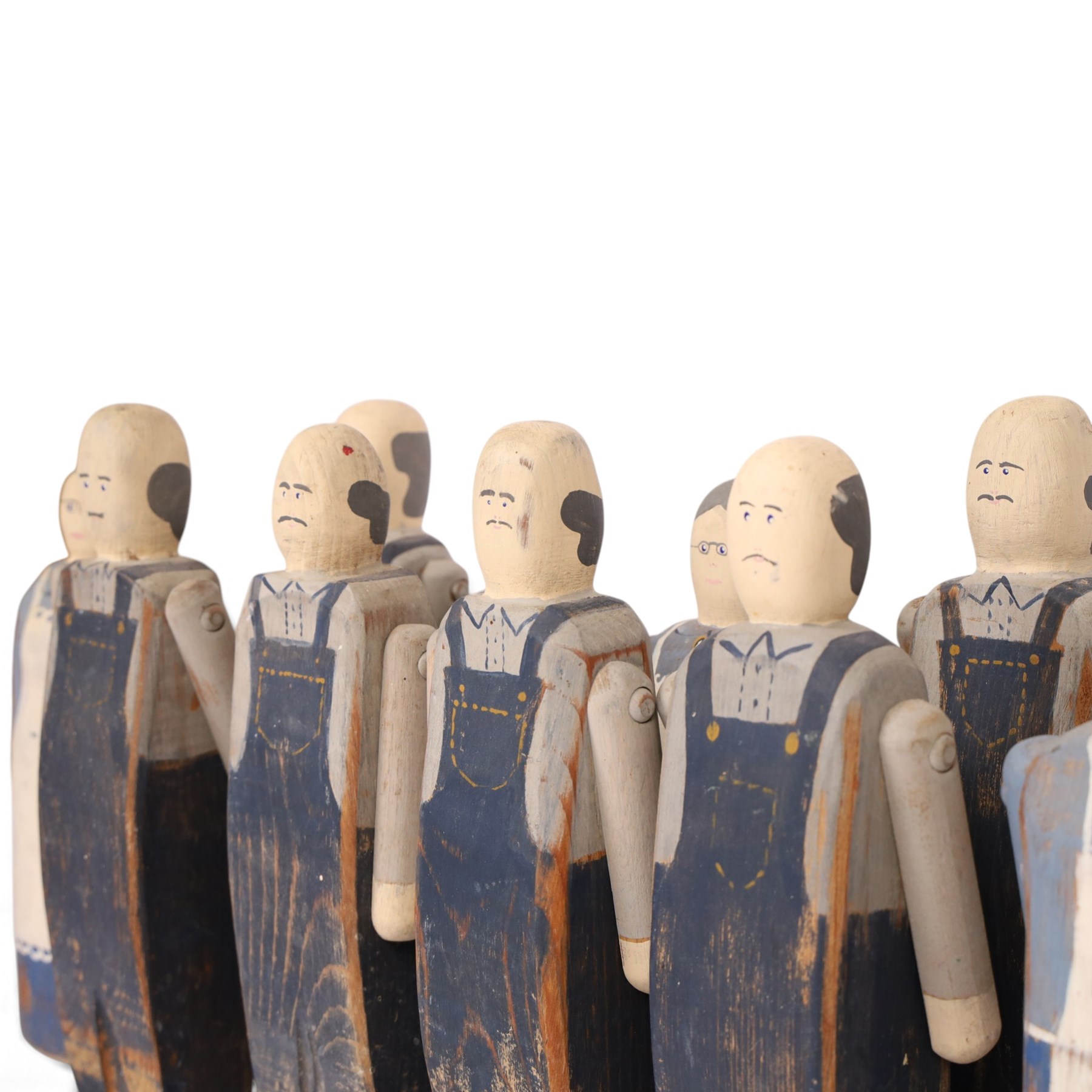 American Folk art figures with articulated arms, by Wolf Creek, makers mark and signatures beneath   