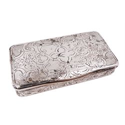 Late 19th century French silver snuff box, of rectangular form, with engraved and engine turned floral, quatrefoil and C scroll decoration to body and hinged cover, marked with Minerva's head, maker's mark worn and indistinct, L7cm 