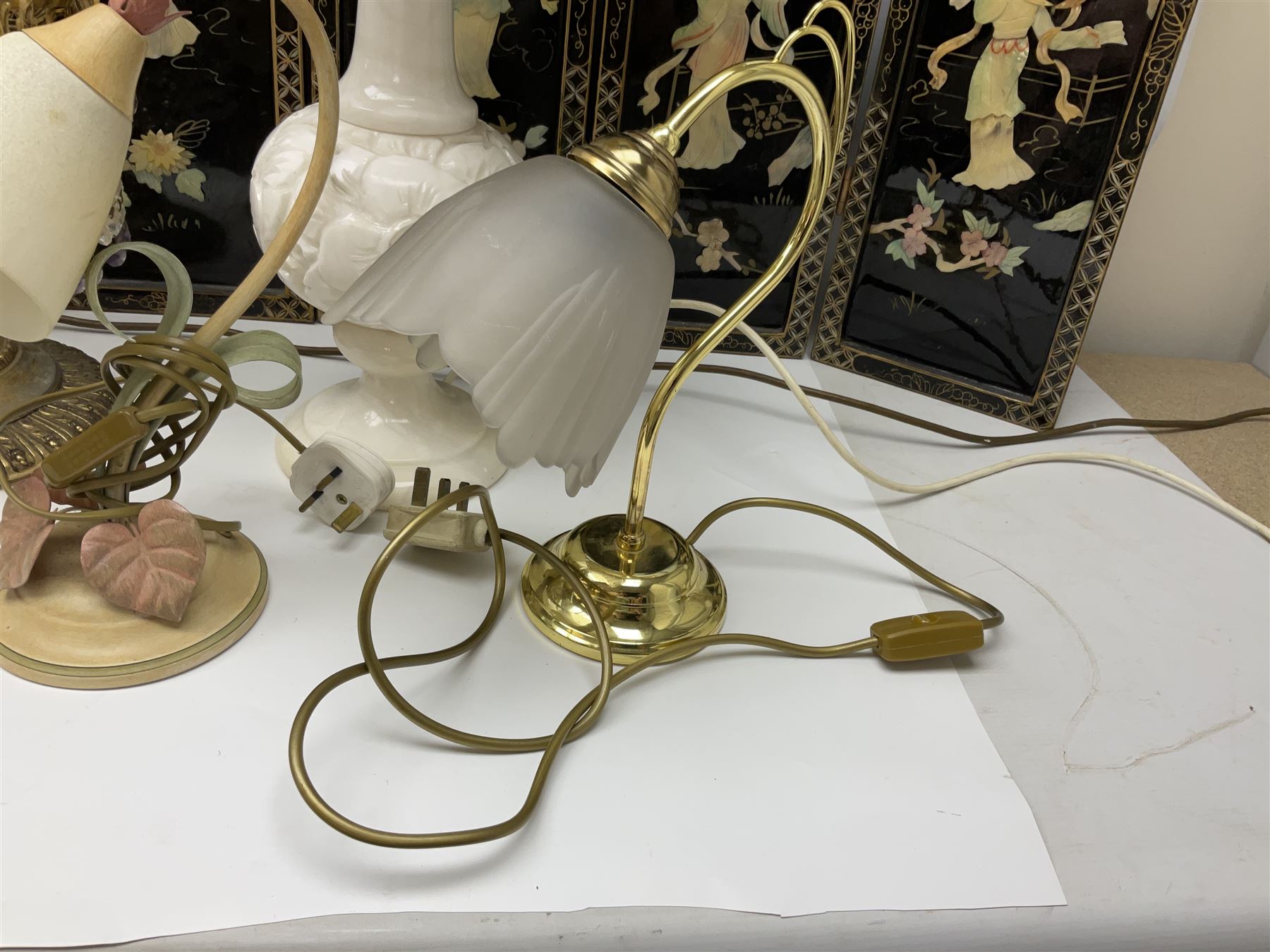 Soapstone table lamp, with carved floral stem, together with three other table lamps, metal candelabra and candlestick, Charles Burton Barber framed print and a Chinese table screen etc 