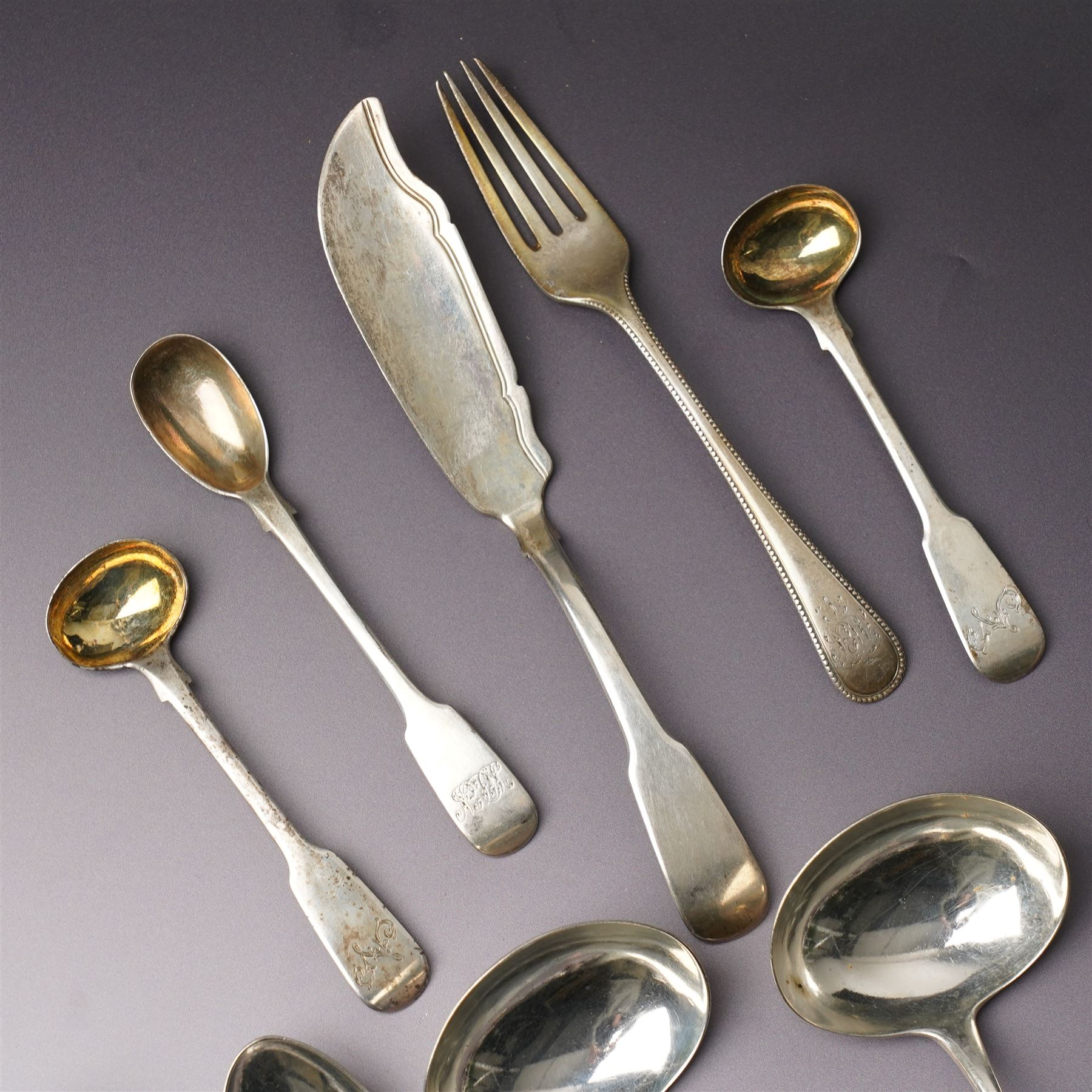 Pair of George III silver sauce ladles London 1799 Maker Richard Crossley, six various George III and Victoria silver dessert spoons, assorted tea spoons etc