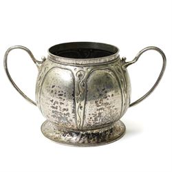 Early 20th century Arts & Crafts fruit dish by Walter Somerfield of the Leicester Art School, H16.5cm; silver plated tea service with trailing floral decoration, and various other hammered pewter items (8)