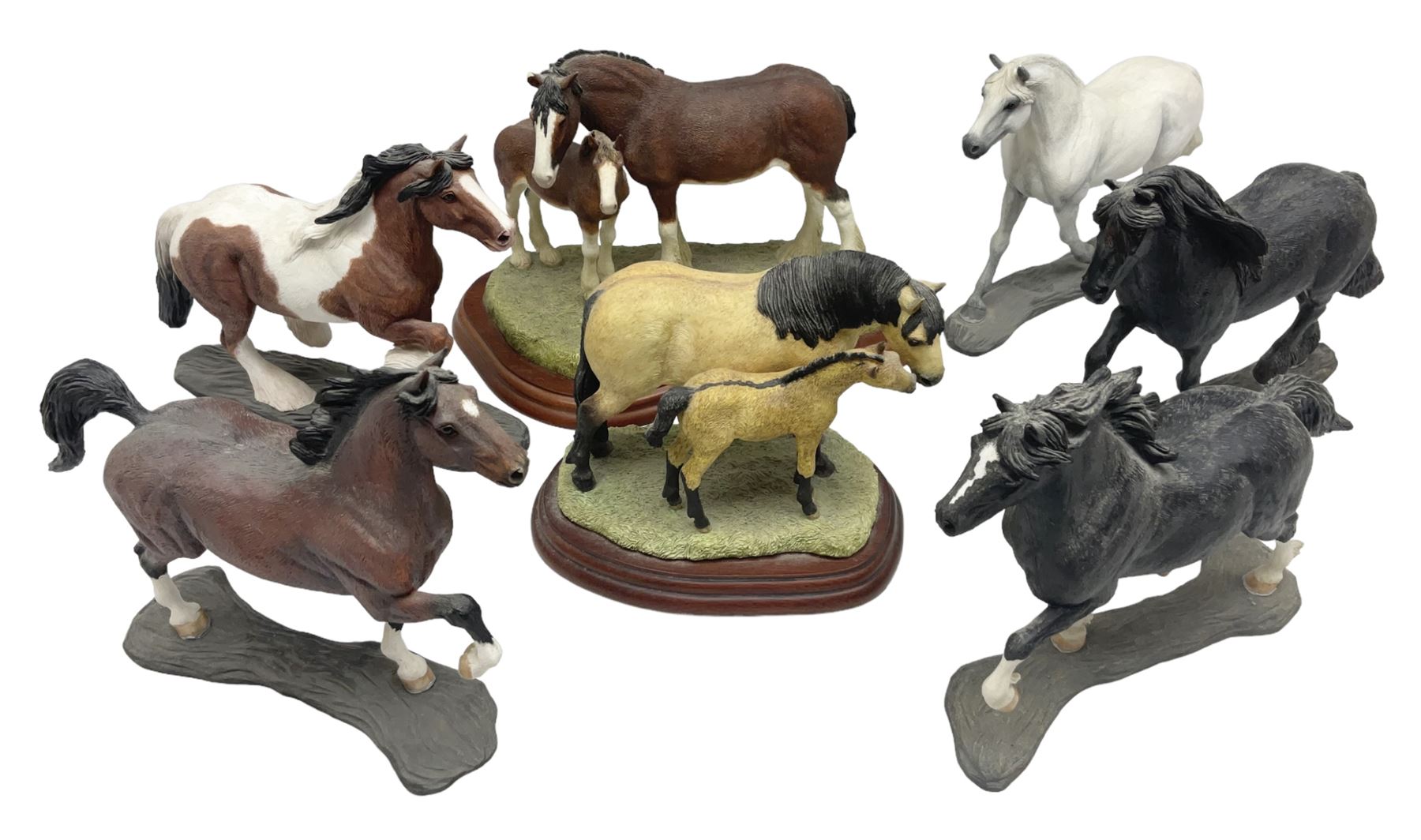Seven Border Fine Arts figures, comprising Clydesdale Mare & Foal A0187, Highland Mare & Foal A2691 and five horses from the Action Horses series 