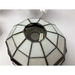 Milk glass lampshade decorated with peacocks, together with a Tiffany style lampshade, a set of five white frilled lamps shades etc 