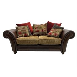 DFS - 'Perez' three-seat sofa (W222cm, H90cm, D105cm); and matching two-seat sofa (W188cm); upholstered in stitched brown fabric with patterned contrasting fabric cushions