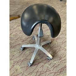 Set of three plastic and a pair of wooden baby high chairs with additional saddle stools (9)- LOT SUBJECT TO VAT ON THE HAMMER PRICE - To be collected by appointment from The Ambassador Hotel, 36-38 Esplanade, Scarborough YO11 2AY. ALL GOODS MUST BE REMOVED BY WEDNESDAY 15TH JUNE.