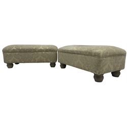 Traditional design three-piece lounge suite - three-seat sofa (W220cm, H90cm, D90cm); two armchairs (W115cm); and two footstools (77cm x 43cm, H31cm); upholstered in cream damask fabric