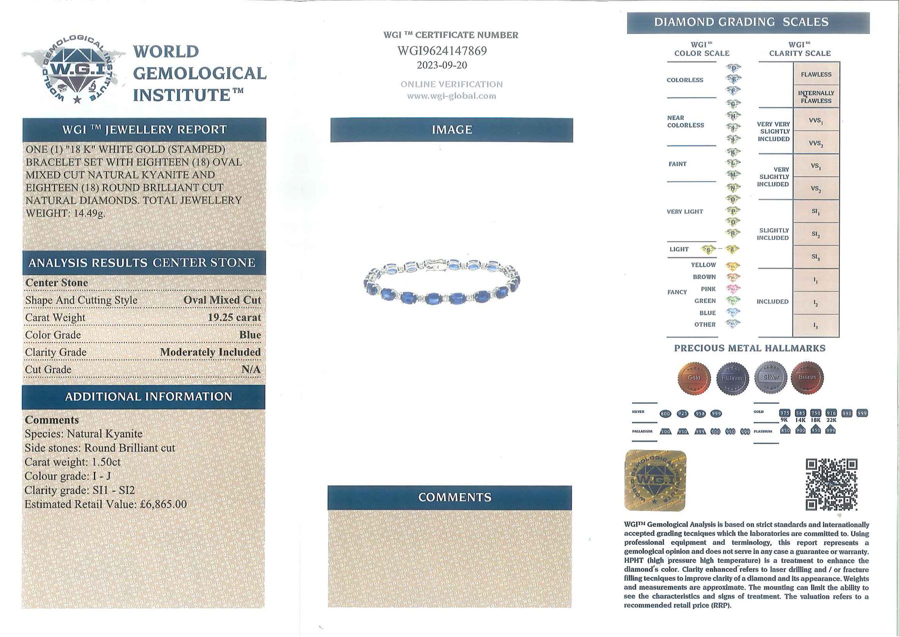 18ct white gold oval cut kyanite and round brilliant cut diamond bracelet, stamped, total kyanite weight 19.25 carat, total diamond weight 1.50 carat, with Wold Gemological Institute report