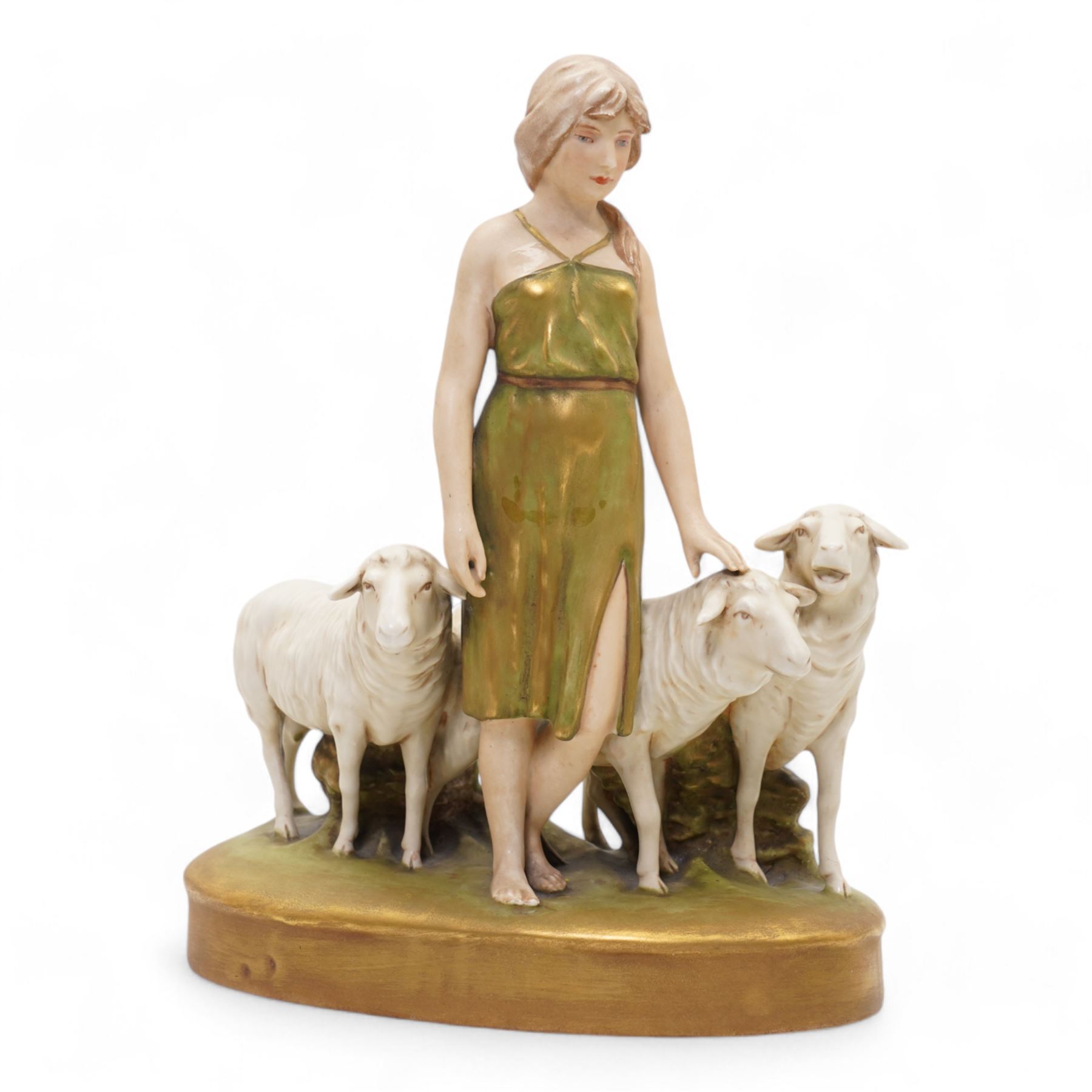 Royal Dux porcelain figure of shepherdess and sheep, impressed no. 2983 and pink triangle, H24cm 