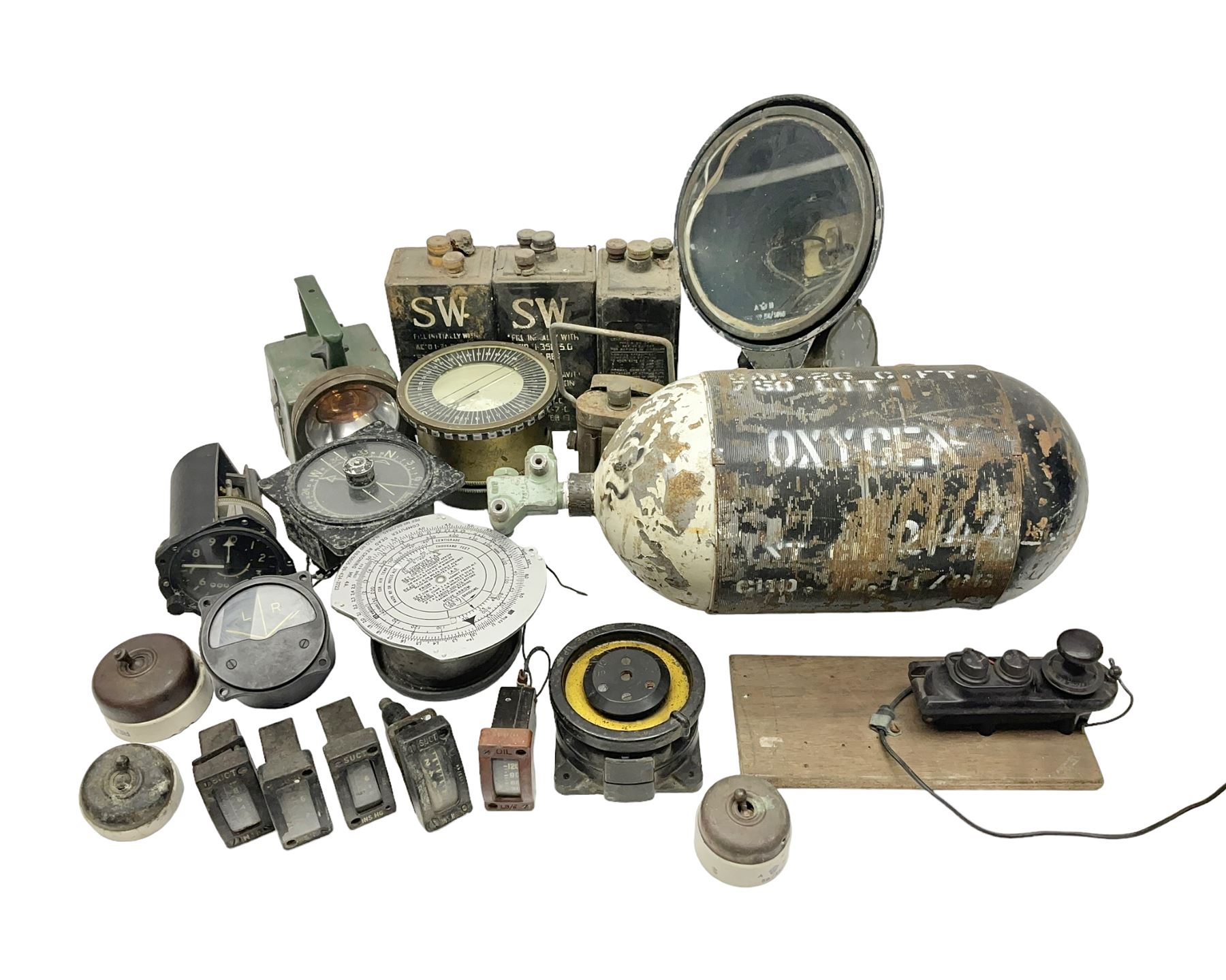 Three RAF light switches, together with military oxygen canister, batteries, gages etc  