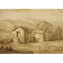  Attrib David Cox (British 1783-1859): Barn Study, pen and ink study unsigned, attributed verso 18cm x 25cm  
