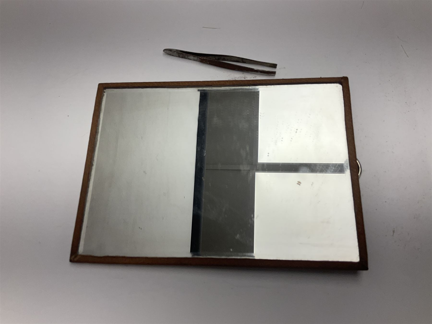 Mappin & Webb leather cased campaign gentleman's vanity set, the tan leather case opening to reveal fitted interior with five engine turned silver capped glass vanity bottles, hallmarked Mappin & Webb, London 1944, brushes, mirror etc, monogram DPK to the top of the case