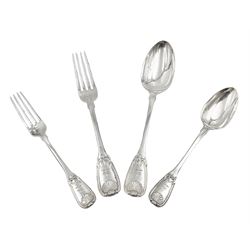 George IV Scottish silver Kings pattern cutlery for six place settings, to include table spoons, table forks, dessert spoons and dessert forks, all engraved with shamrock crest to terminal, hallmarked Robert Gray & Son, Glasgow 1833