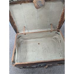 Large leather travelling trunk, together with a vintage suitcase