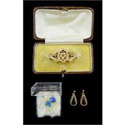 Pair of gold pendant stud earrings, two loose opals and a 9ct gold brooch