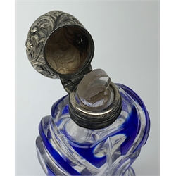 Late 19th century silver mounted glass scent bottle, the blue flash cut waisted body with foliate embossed hinged cover, L9.5cm, together with Georgian Bilston enamel oval patch box, the cover decorated with a dove stood upon an urn, beneath a banner detailed 'Love the Giver', L4cm