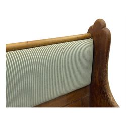 Early 20th century waxed pine pew, inset upholstered striped back panel with hinged box seat enclosing storage, shaped arms and turned supports