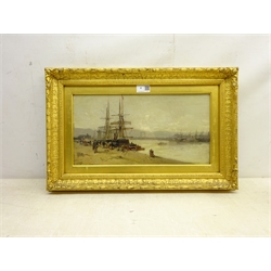  James Vivien De Fleury (British 1847-1902): Sailing Boats by the Quayside, oil on mahogany panel signed 20cm x 39cm  