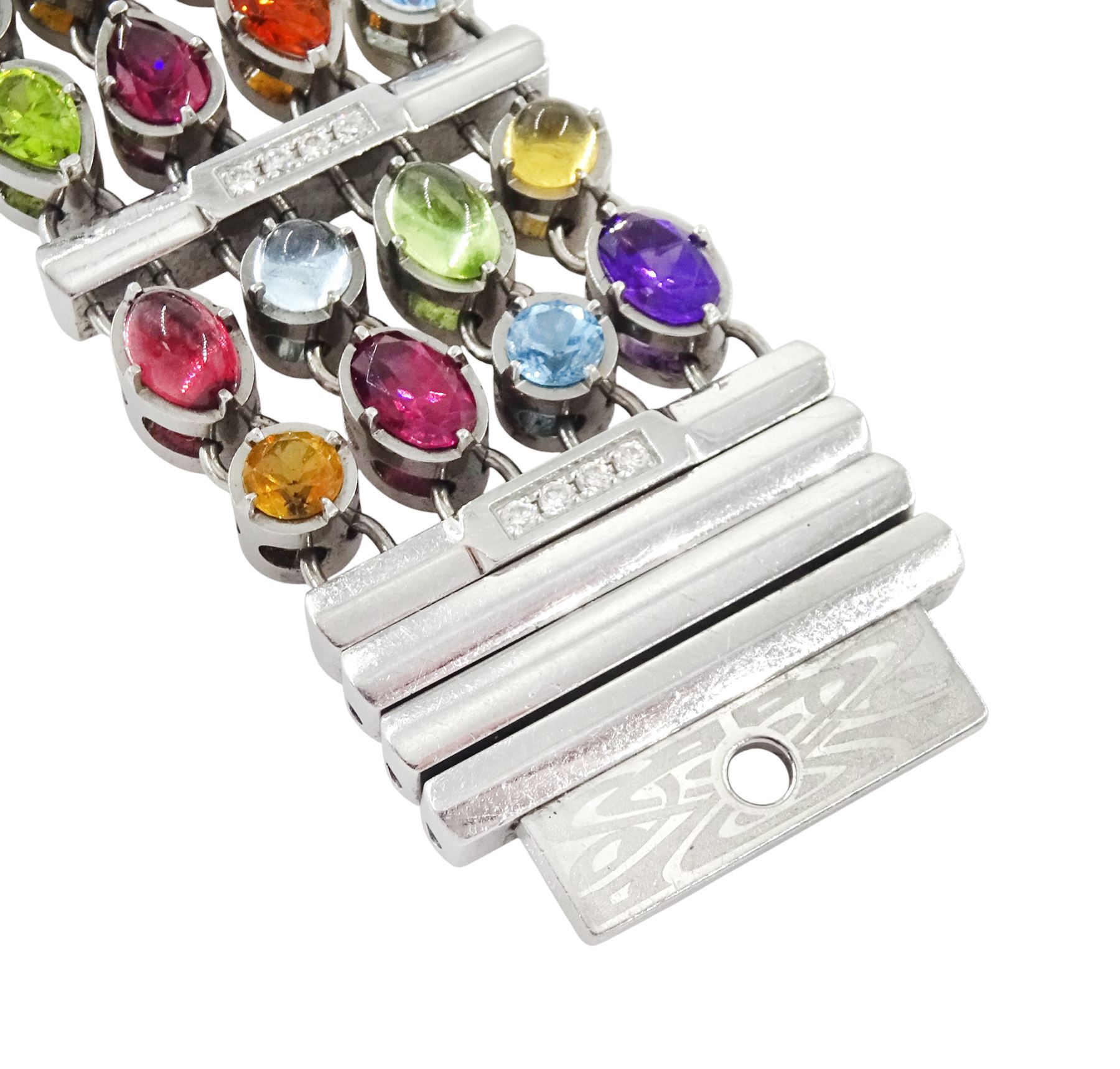 Corum Potpourri ladies stainless steel multi gemstone set quartz wristwatch, Ref. 137.520.47, serial No. 1710972, pink mother of pearl dial, diamond set bezel, on a multi gemstone set bracelet