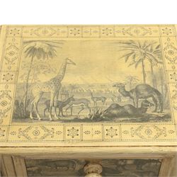 Traditional design cream painted lacquered pedestal chest, rounded moulded top over four short drawers, the drawer fronts decorated with monochrome printed animal scenes, conforming foliate and geometric borders to the top and sides, turned handles, on bun feet