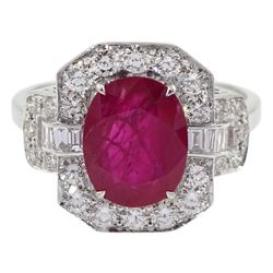 18ct white gold oval ruby, baguette and round brilliant cut diamond cluster ring, stamped 750, rugby approx 2.40 carat, total diamond weight approx 0.75 carat