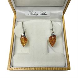 Pair of silver Baltic amber pendant earrings, stamped 925, boxed