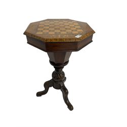 Late 19th century inlaid walnut sewing or work table, octagonal hinged top with satinwood and ebony chessboard inlay, surrounded by foliate decoration, the edges inlaid with crossbanding and stringing, fitted interior with chess pieces, raised on baluster pedestal carved with acanthus leaves on a tripod base 