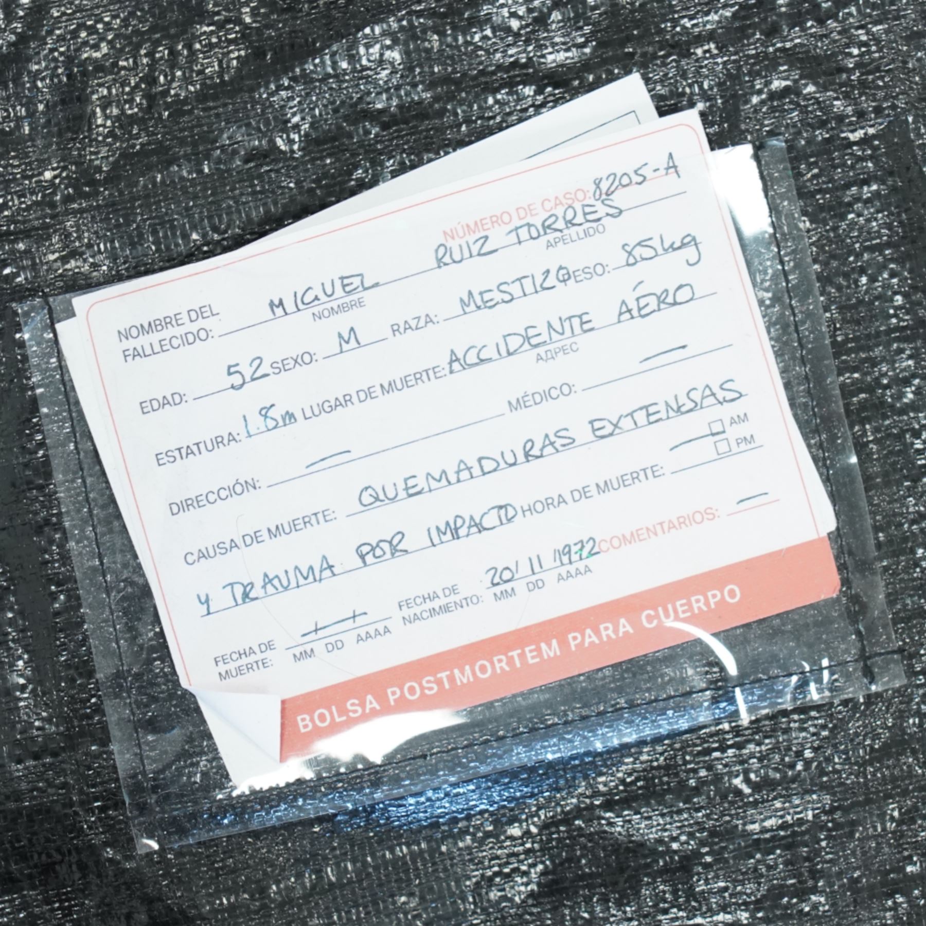 FILM PROPS; Three decomposing prop cadavers, collection of three life-size decomposing cadaver or dead body props, featuring skeletal elements, exposed flesh, and period clothing, each with articulated joints and limbs, likely from a TV or film production, each prop displays intricate detailing with realistic aging and weathering, together with post mortem cards detailing circumstances of death and identity, with two associated body bags max 160cm (3) 
Notes: the post-mortem cards correlate to a plane crash in 1972 - the Uruguay Air Force Flight 571 in the Andes Mountains; two movies were made about this event. Allegedly, the survivors resorted to cannibalism. 