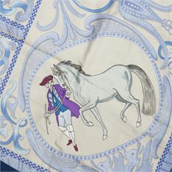 Hermes 'La Presentation' silk scarf in teal and cream colourway, designed by Christiane Vauzelles, 88cm x 86cm 