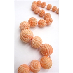  Carved Chinese coral bead necklace, with gold clasp stamped 14K  
