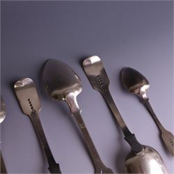 Set of four George III silver Fiddle pattern table spoons all engraved with monogram, hallmarked Thomas Wallis (II) & Jonathan Hayne, London 1819, together with a  Victorian silver Fiddle pattern teaspoon with engraved initials, hallmarked William Rawlings Sobey, Exeter 1846