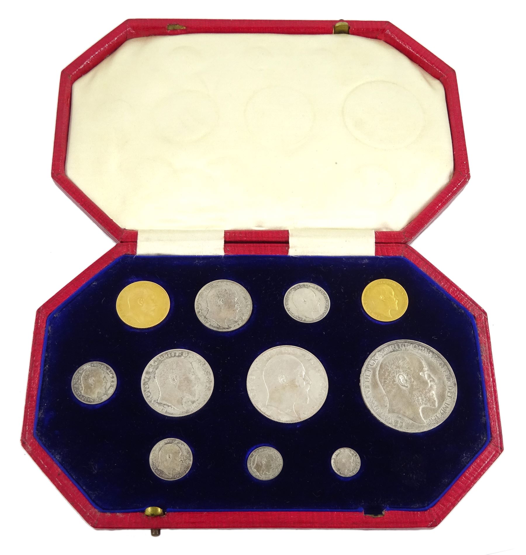 King Edward VII 1902 matt proof short coin set, comprising gold half sovereign and sovereign, silver maundy money set, sixpence, shilling, florin, halfcrown and crown, housed in the official dated case of issue