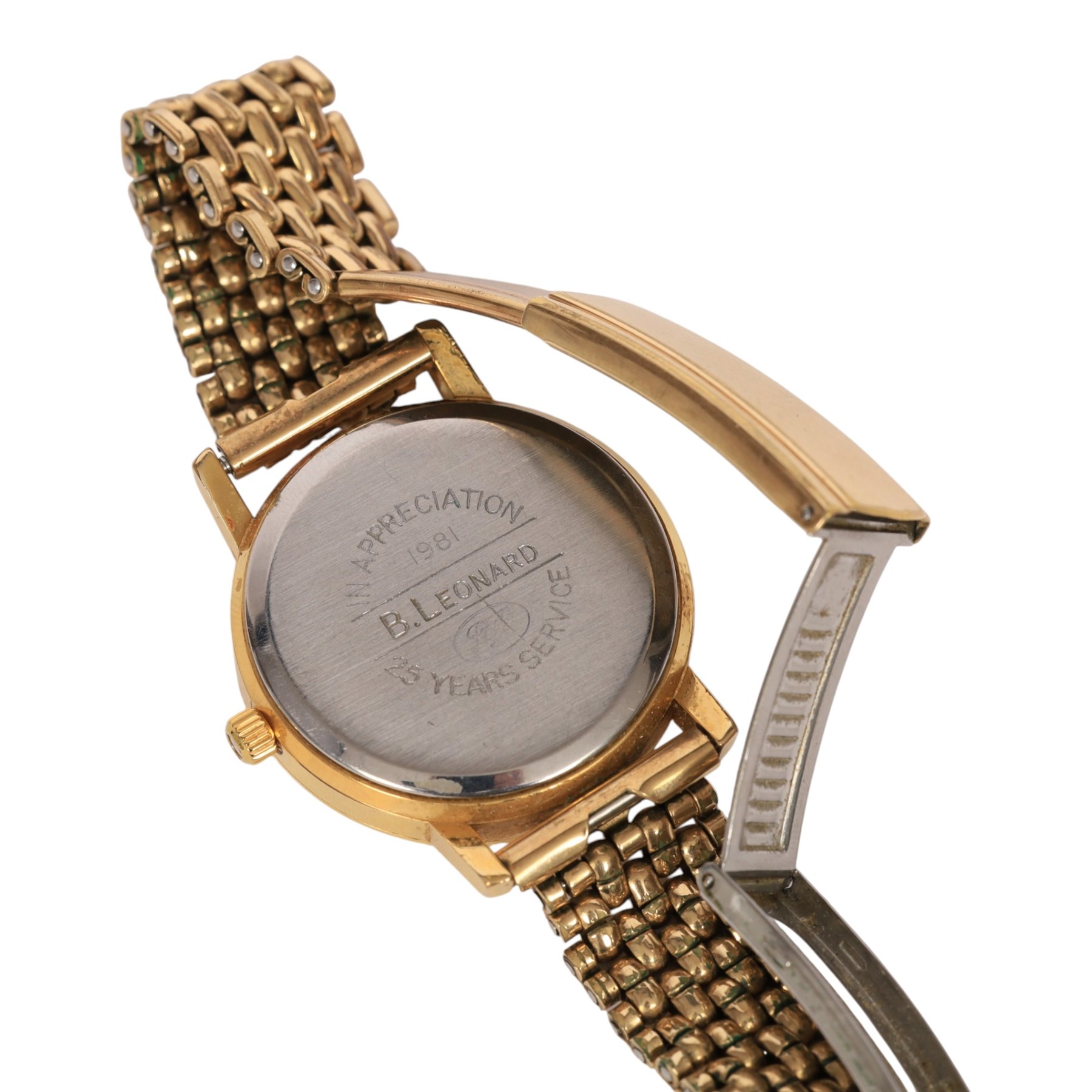 Omega quartz gold plated wristwatch, with presentation engraving to stainless steel back, on a rolled gold Monvil strap