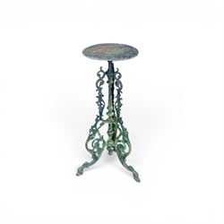 19th century ornate cast iron high garden drinks table, small circular pierced top, raised on three legged base