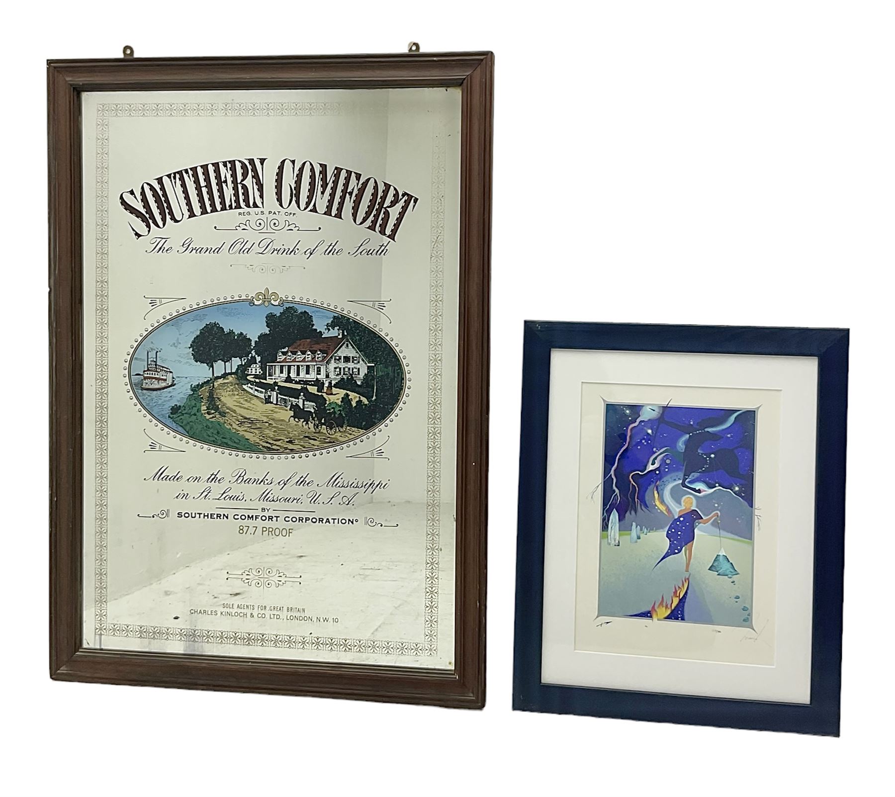 Southern Comfort advertising mirror, together with a framed star sign print, mirror H90cm
