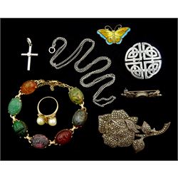 Gold stone set scarab beetle bracelet, 9ct white gold diamond cross pendant and silver jewellery including Norwegian enamel butterfly brooch, marcasite rose brooch and chain